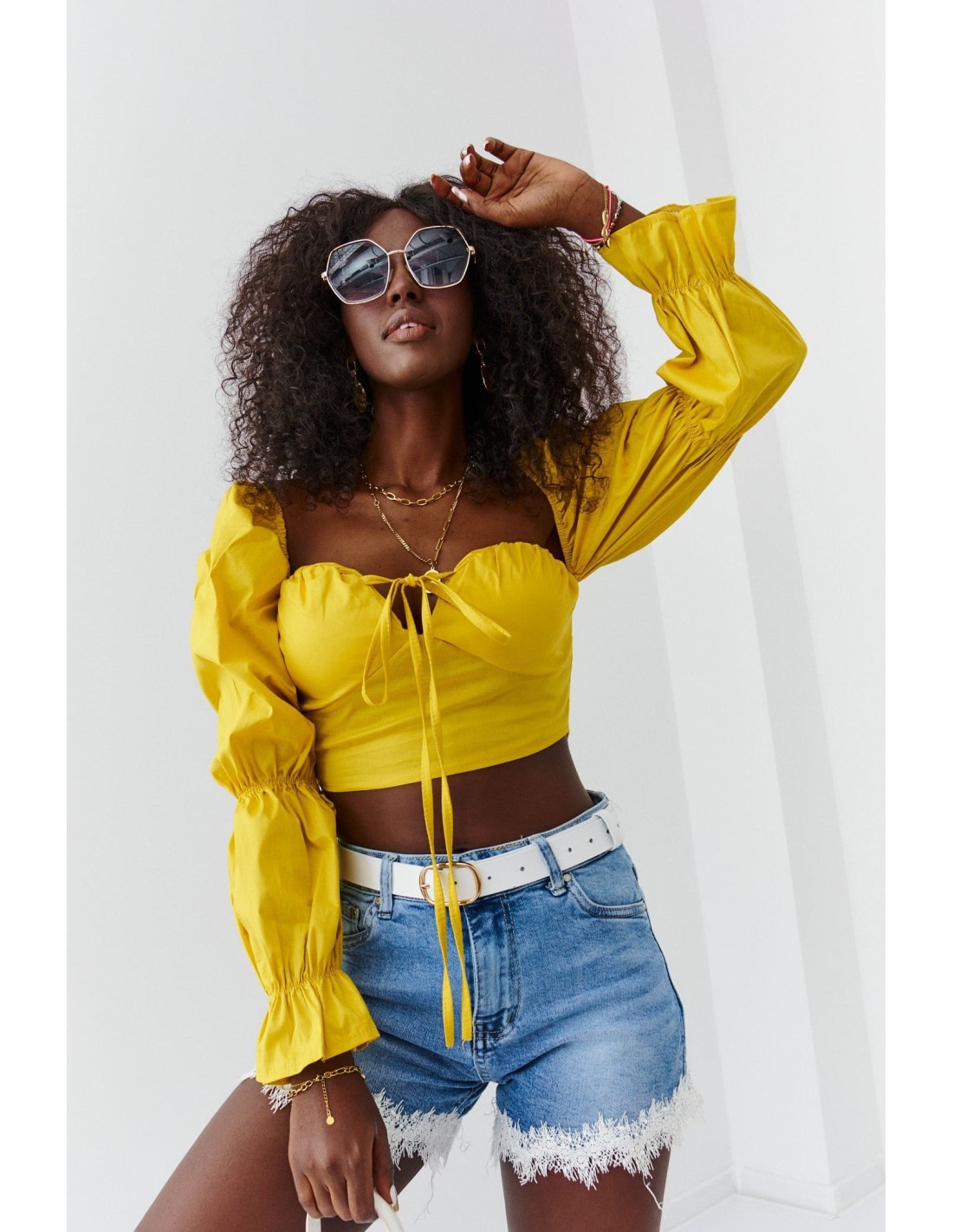 Short, long-sleeved blouse, mustard 7861 - Online store - Boutique